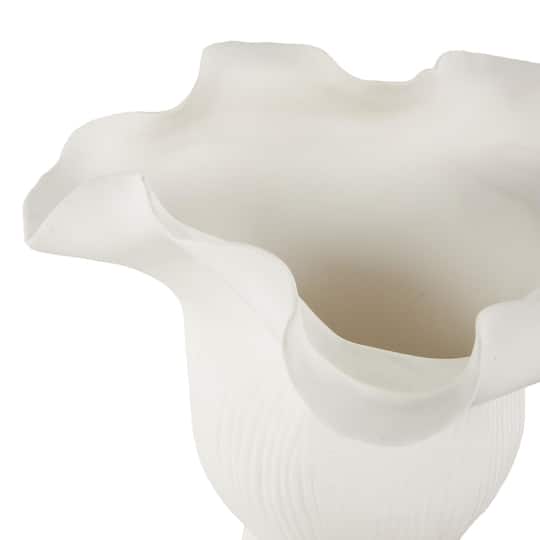9.75" White Ceramic Abstract Floral Vase with Linear Grooves